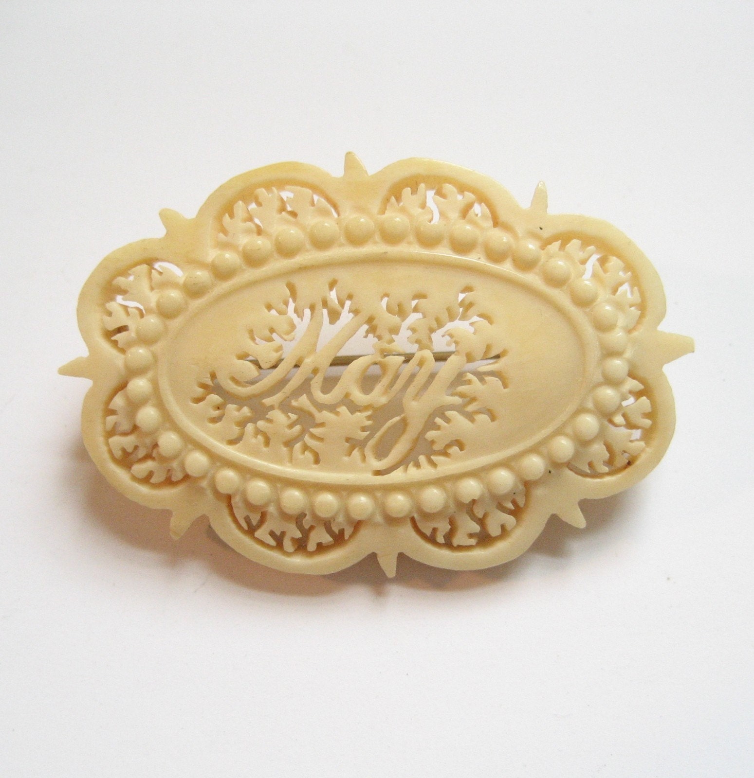 Victorian Carved Bone Name Brooch, MAY, Possibly Ivory