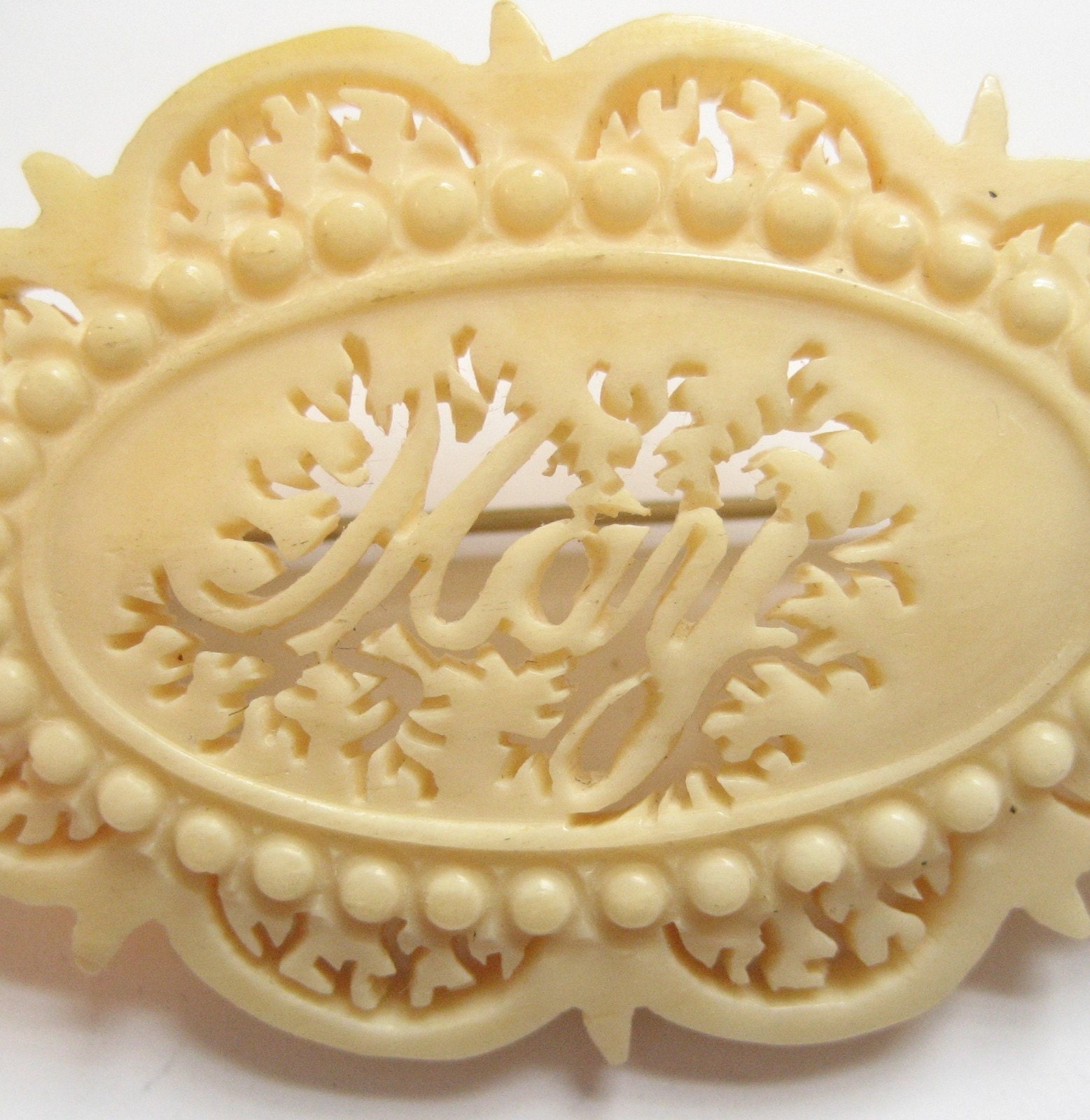 Victorian Carved Bone Name Brooch, MAY, Possibly Ivory