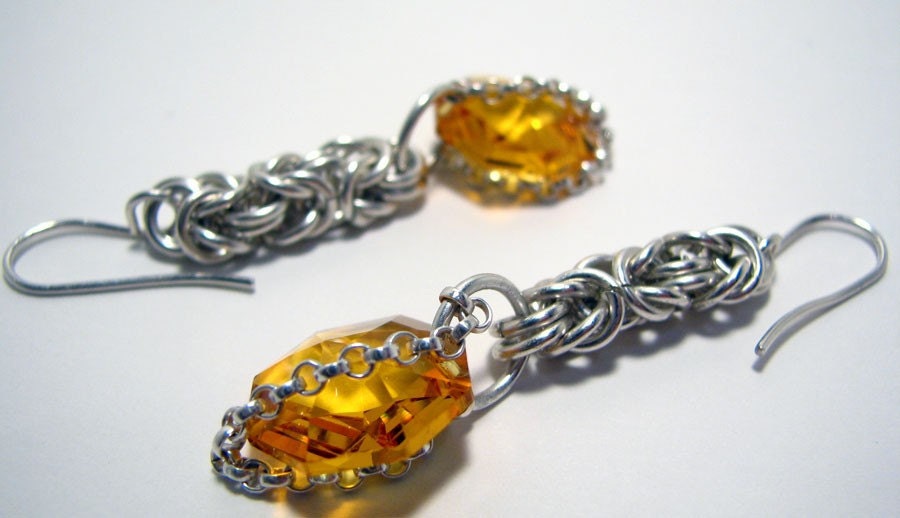 Chainmaille Sterling Byzantine Earrings with Topaz Swarovski Crystals- Holiday Sale