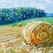 Early Hay Fall Day Field Trees Sky Green Gold Abstract Landscape Print Reproduction Art