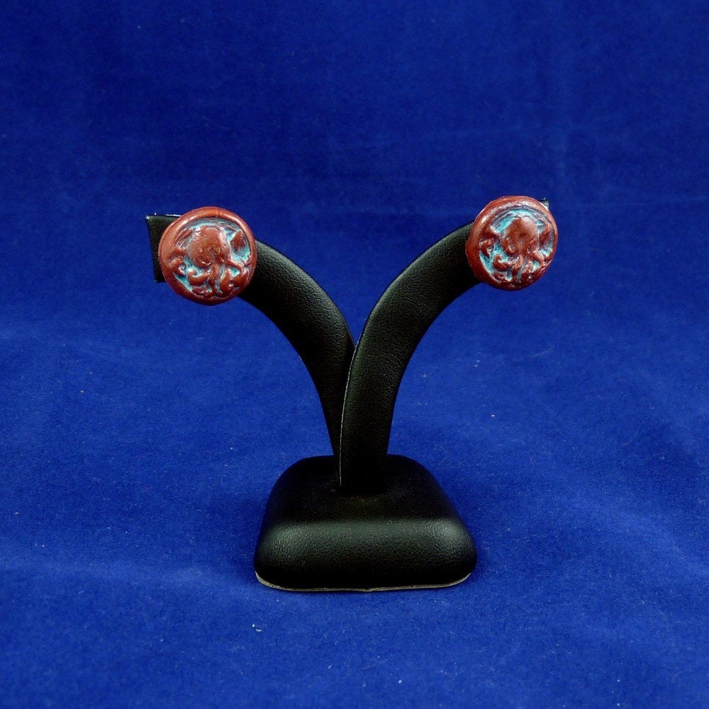 Verdigris Copper Cthulhu Cameo Earrings - Polymer Clay Horror Jewelry