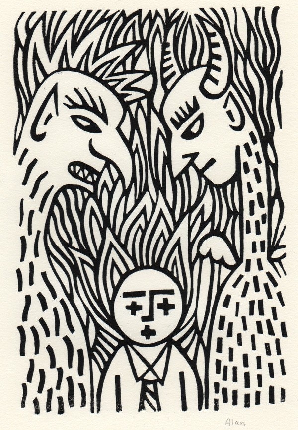 Here in hell again. Linocut