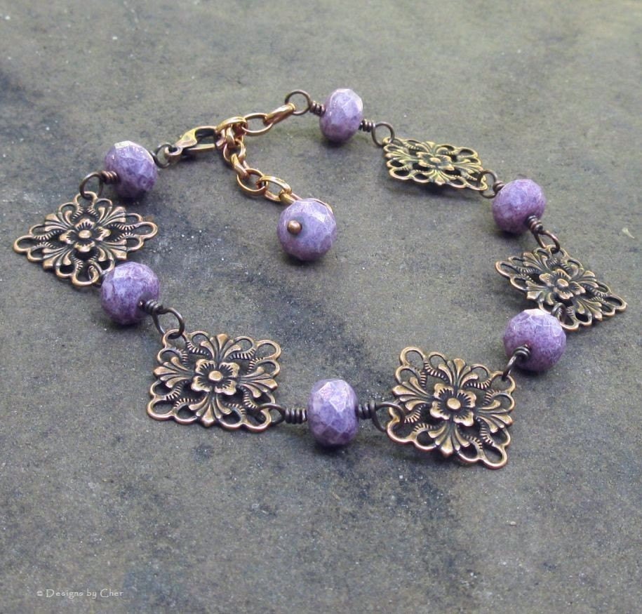 Antique Copper Amethyst Filigree Set, Amethyst Picasso Glass, Floral Filigree... Lavender & Lace