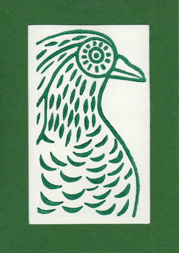 Green Duck. Linocut. Greeting card