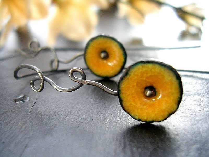 Mustard Yellow Earrings Enamel Jewelry Swirly Stem Poppy Earrings MADE TO ORDER