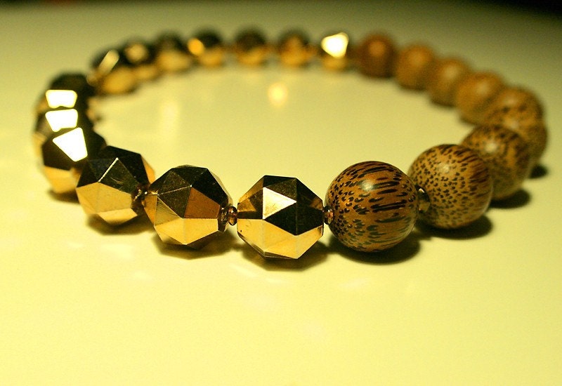 Wooden and Gold Beaded Necklace / Vintage Lucite Gold Faceted beads with Luscious Grained Wood / "MADHU"