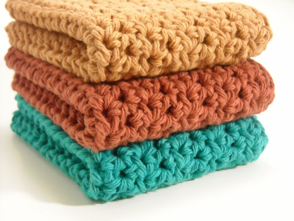 Kitchen Dishcloths Crochet Cotton Southwest Colors Set of 3 Durable Washable Teal, Paprika, Butterscotch