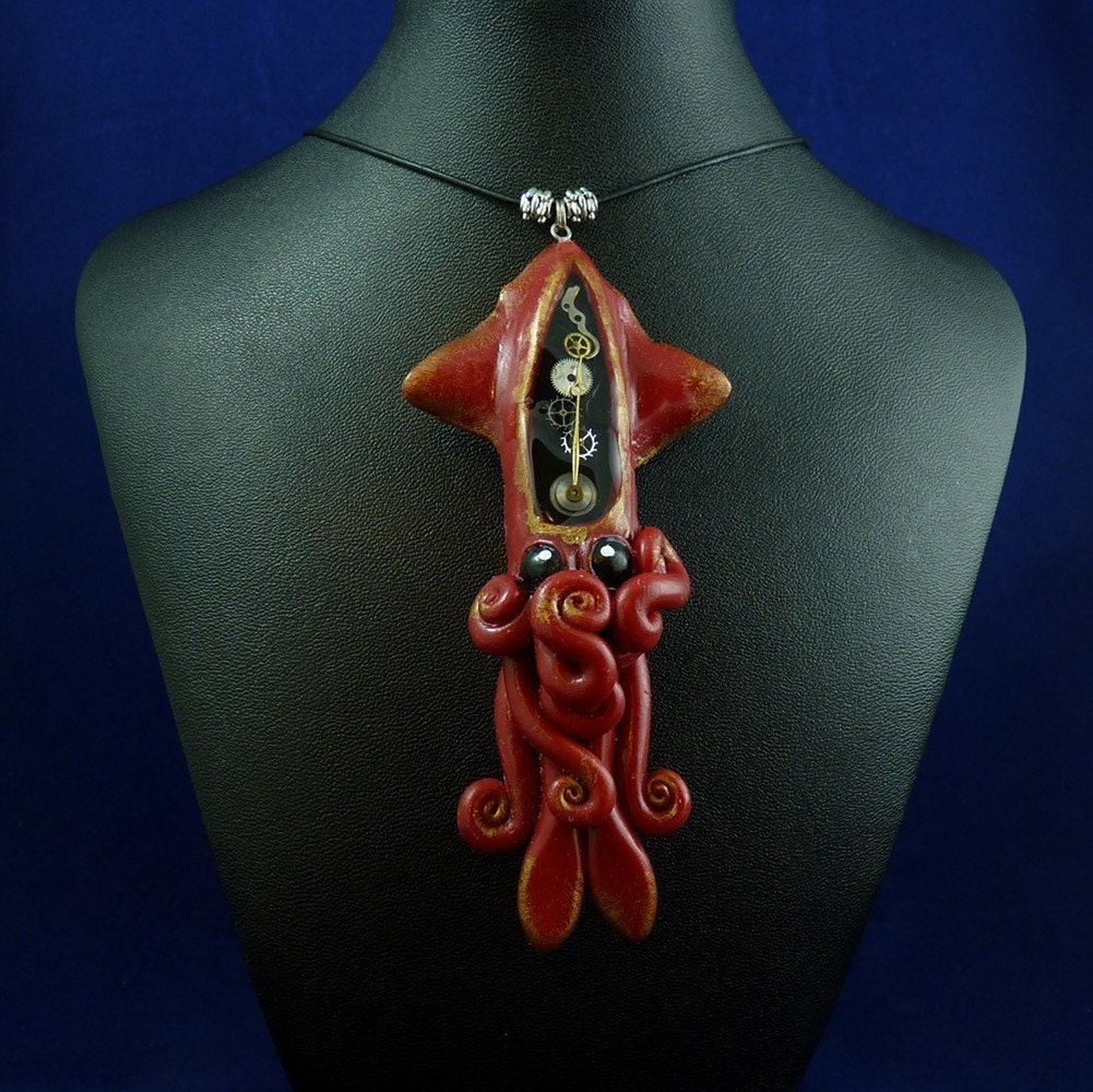 Gilded Steampunk Squid Necklace - Polymer Clay Jewelry Pendant