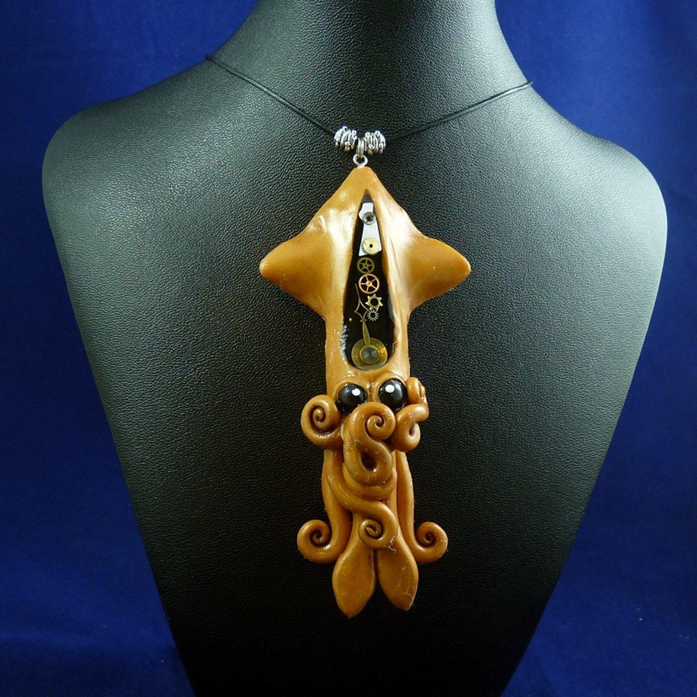 Brass Steampunk Squid Necklace - Polymer Clay Squid Pendant