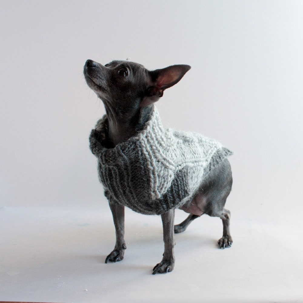 Two Chic Shades of Steel Gray, Handknit chunky donut cables, Dog Sweater, sz XXS