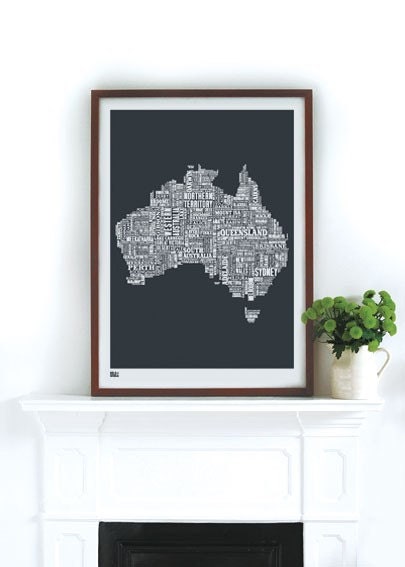 Australia Type Map in Sheer Slate - decorative screen print
