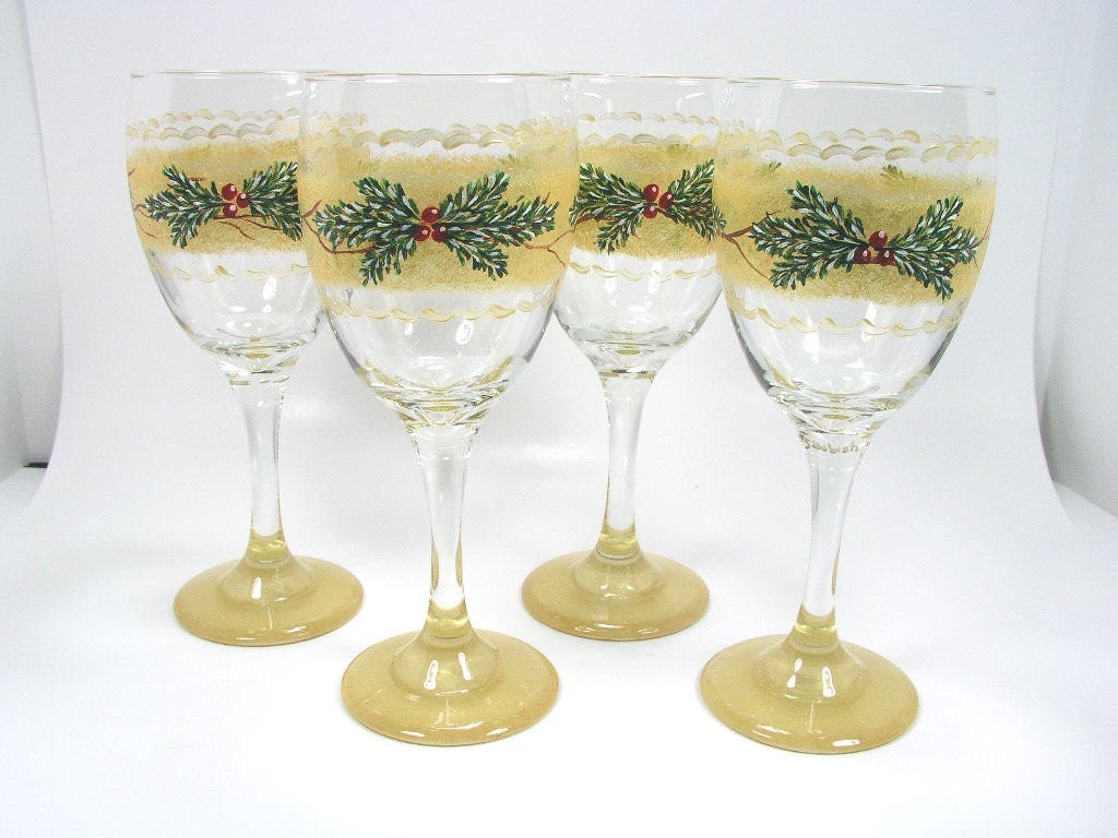 Beautiful Gold Banded Hand Painted Holiday Wine Glasses
