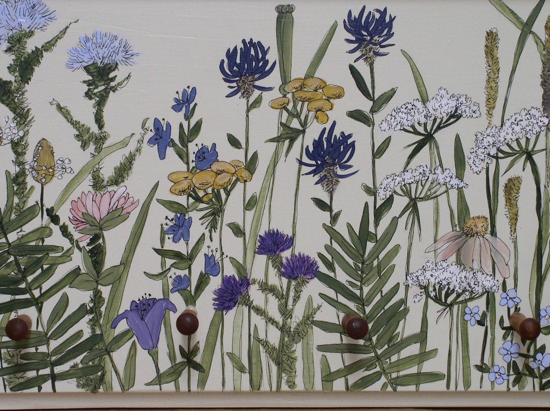 Painted Farmhouse Cottage Wood Peg and Shelf Wildflower Panel Ready to Hang