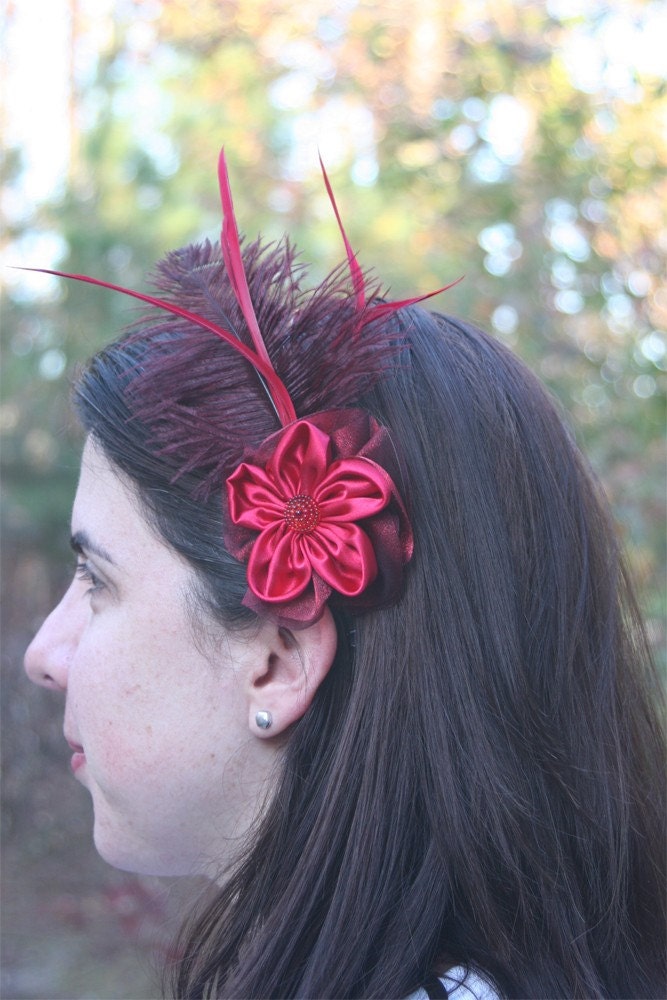 SALE Red Satin and Organza with Plume and Feathers Headband