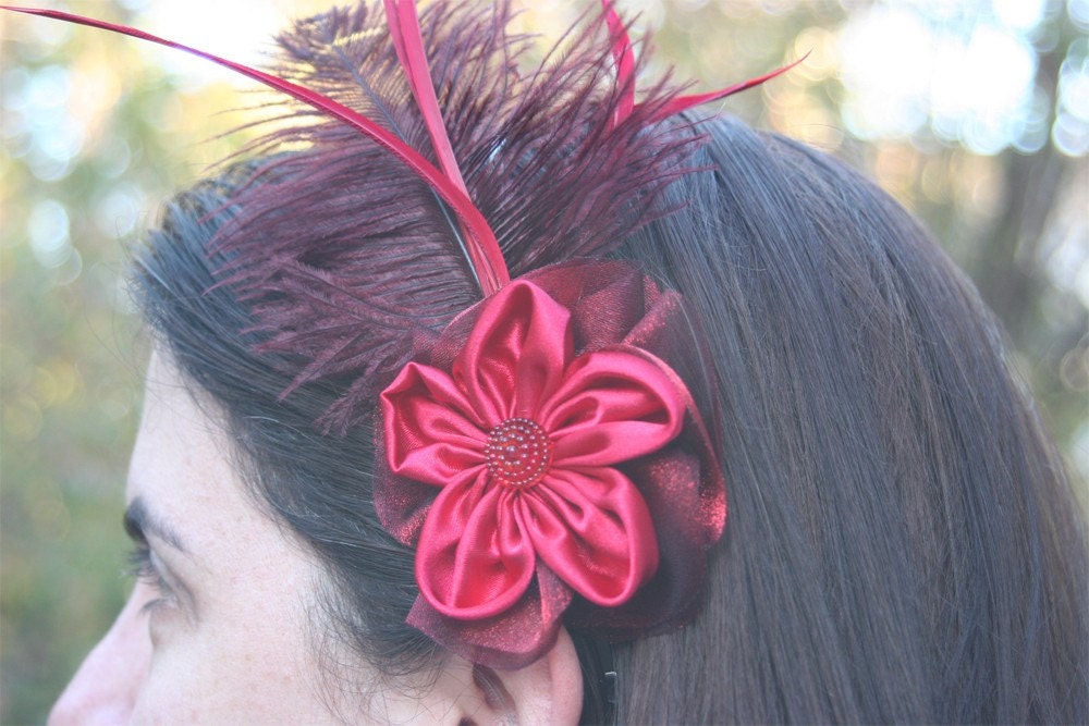 SALE Red Satin and Organza with Plume and Feathers Headband