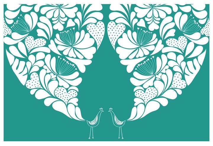 Little Flower Peacock Wedding Night Print / Poster 13 X 19 Turquoise