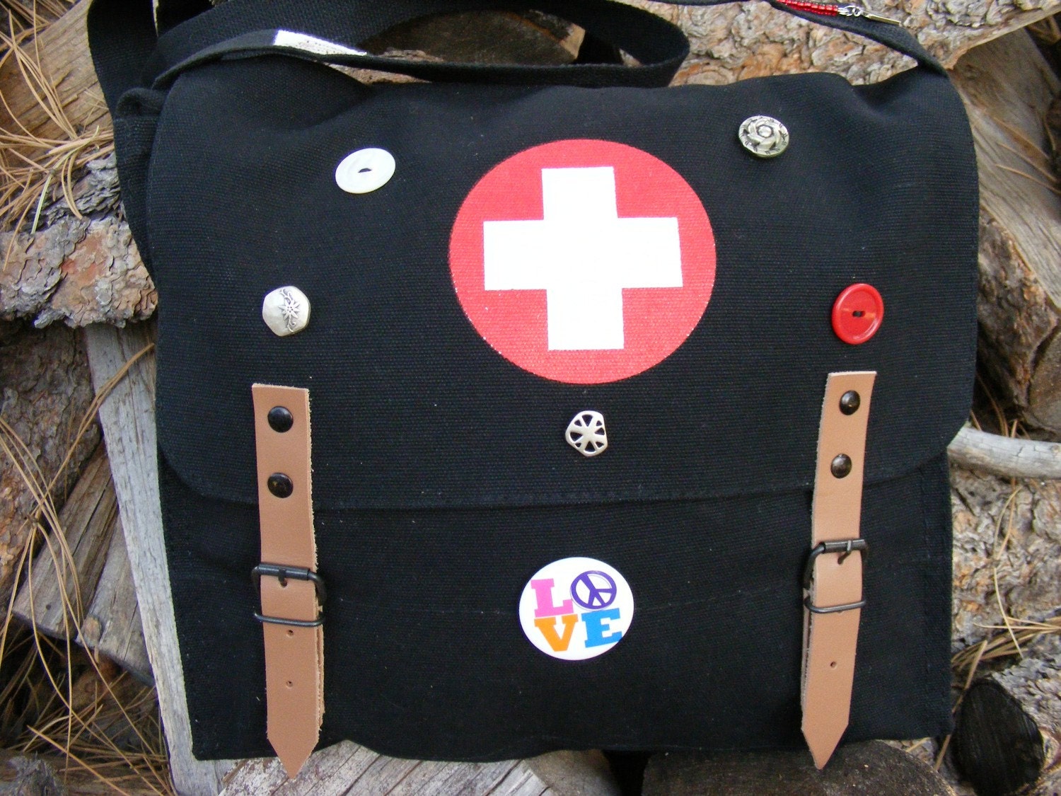 Indie Red Cross Military Messenger Bag WIth Peace/Love Button Unisex, Medic, Nurse, Vintage Buttons, Purse, Handbag, leather Straps