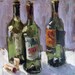 Wine bottle painting by Robert Joyner. SAVE 100 Dollars off original price. Colorful, expressive and original. 14 x 14 on archival paper, sold unframed. Click here for more info.