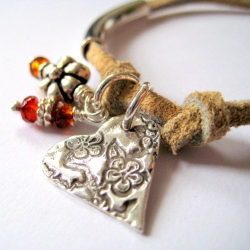 Leather Silver and Carnelian Bracelet, Floral Heart