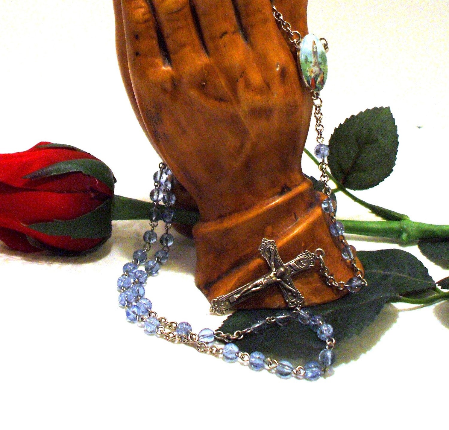 Our Lady of Fatima Blue Glass Catholic Rosary - FREE SHIPPING