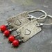 earrings. red coral, handmade sterling silver rectangles with heart stamp