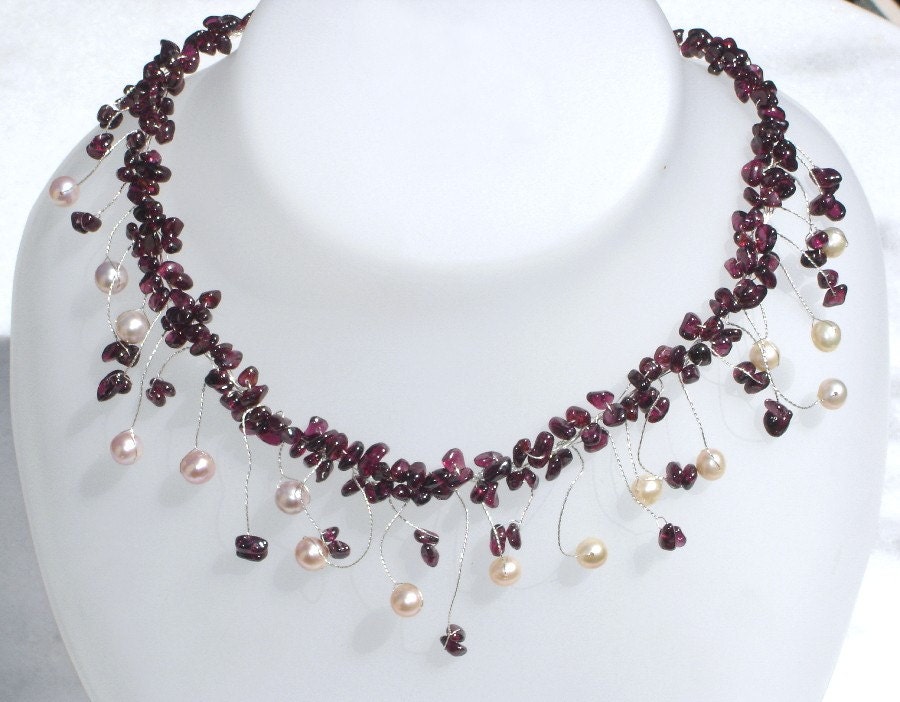 Dark Ruby Red Wine Romantic Sterling Silver Wire Wrapped Necklace garnet pearls orchard burned rust maroon harvest summer fall wedding