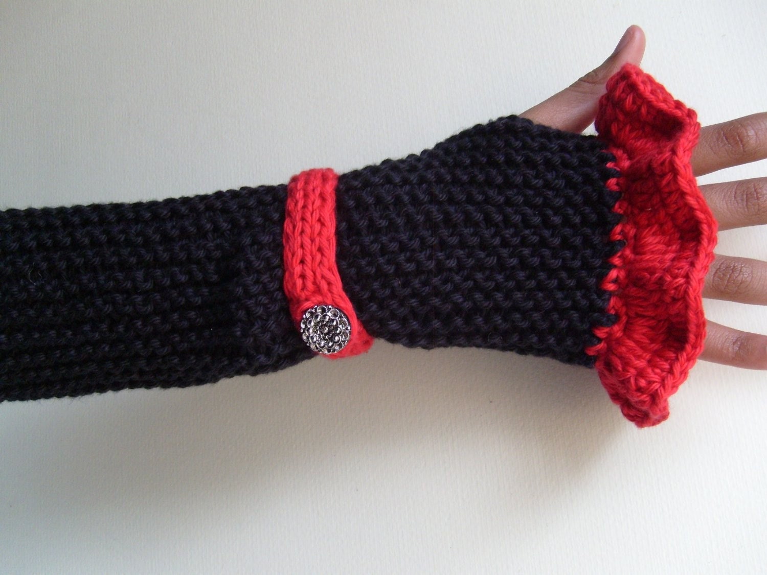 VICTORIAN ARM WARMERS / Longer Length With Ruffle In RED And BLACK - CUSTOM Made To Order