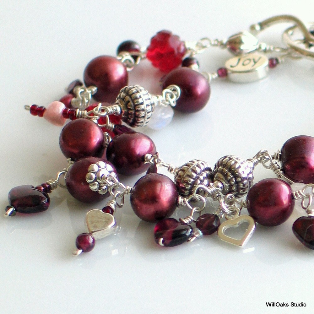 Red Pearls, Garnets, Hearts, Love Charm bracelet