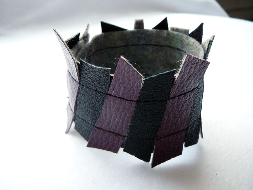 Black and Purple Recycled Leather Cuff: Two Tone