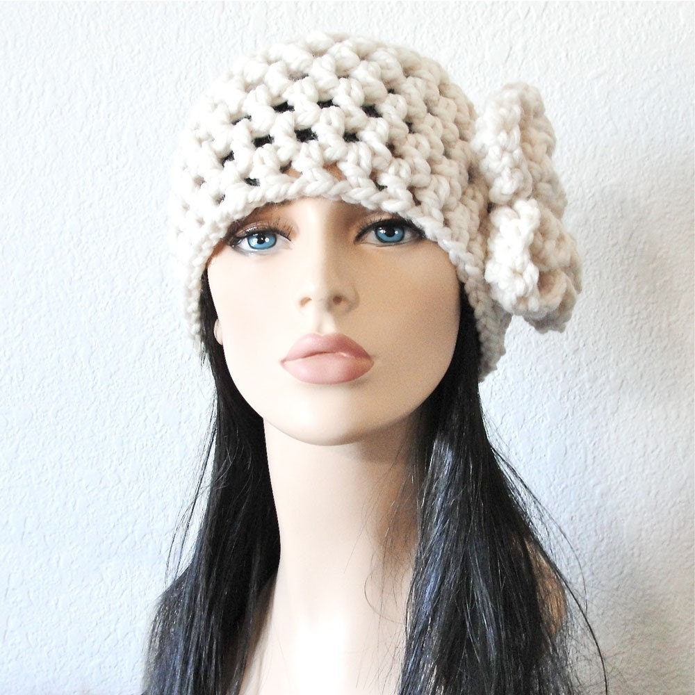 DIVA HAT - Timeless Hand Crocheted Romantic Hat with Ruffled Flower in Winter White.