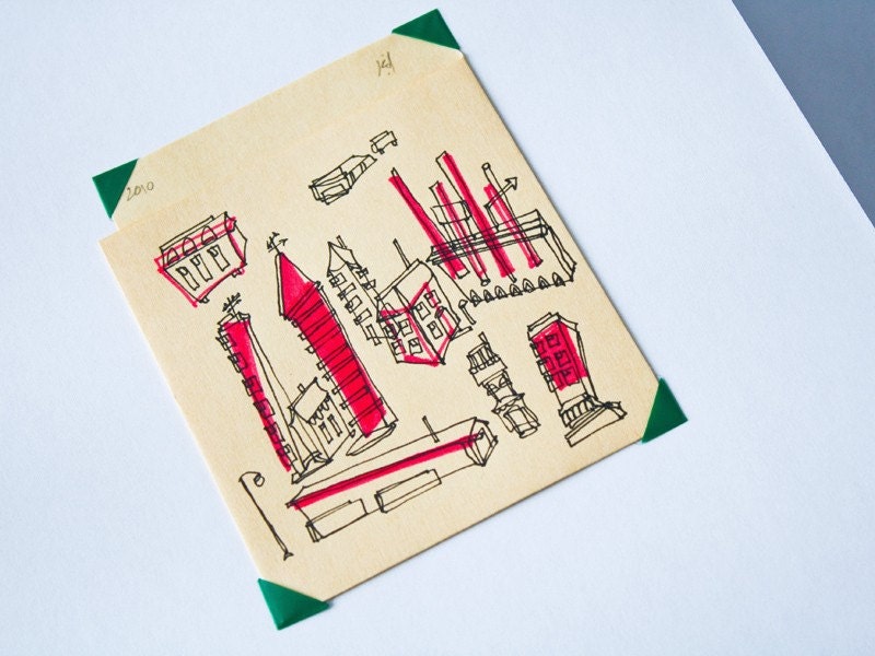 Mini Retro Cityscape - ink drawing on library book pocket (pink and black)
