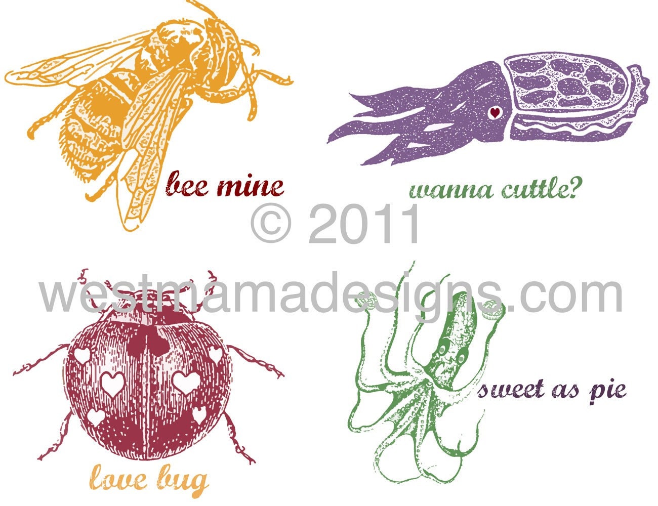 Funny Valentines Cards, Valentines Day, PDF Printable Valentines Cards 4.25in x 5.5in, cuttlefish, octopus, bee, bug