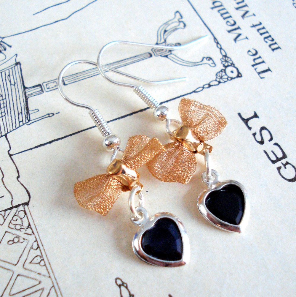 Victorian Style Earrings, Black Hearts, Tiny Mesh Bows