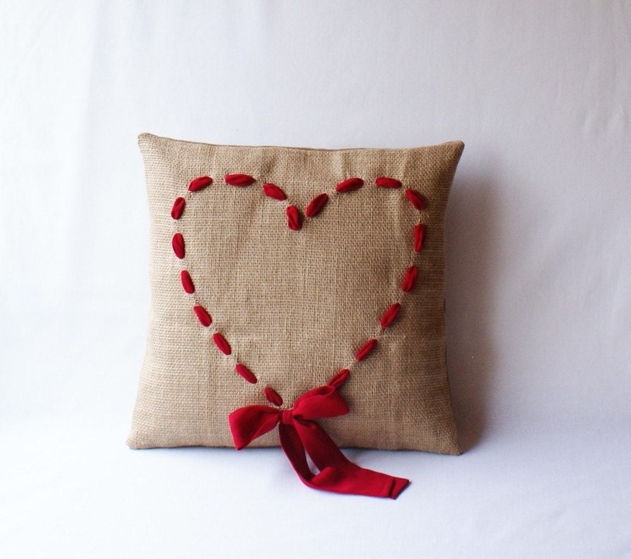 Valentine's Day. Pillow with red woven heart 16 x 16 inch. Made to order.