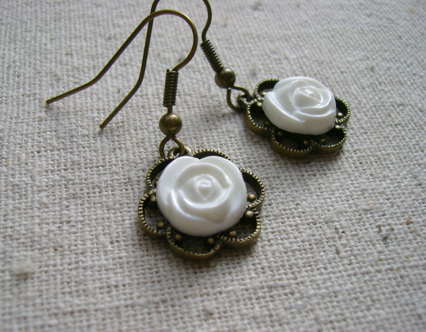 small white rose and filigree earrings
