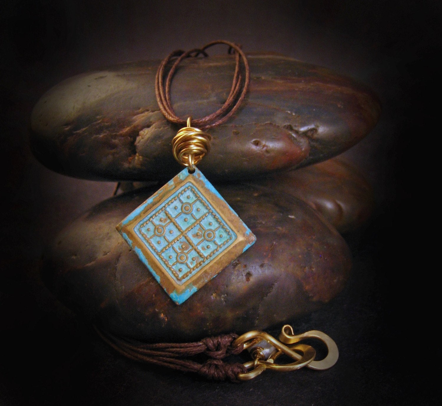 DESERT OASIS necklace of patinaed square pendant on waxed cotton cord