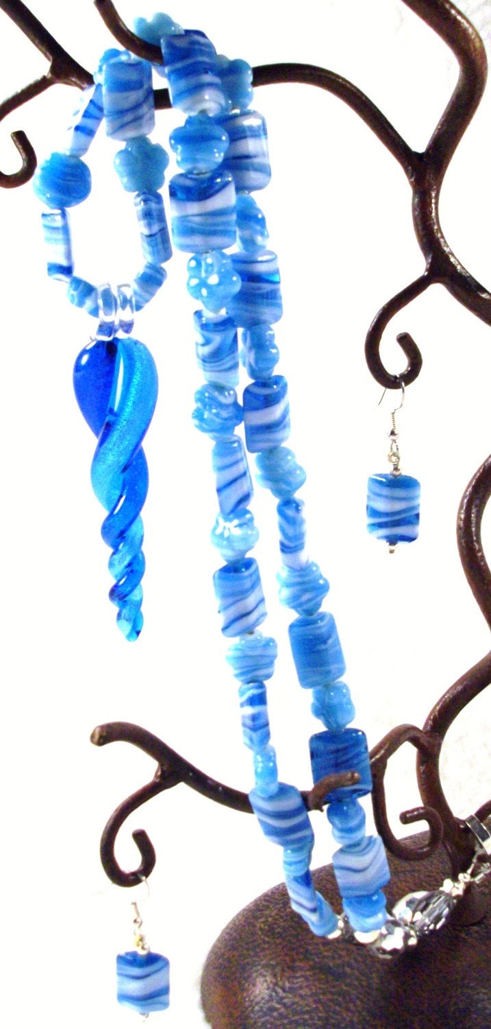 Twisted Aqua Blue  Necklace /Pendant Earrings
