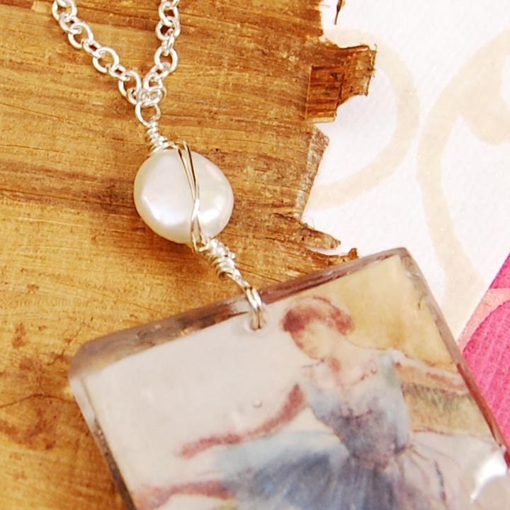 Degas ballerina and Klimt flowers in reversible necklace