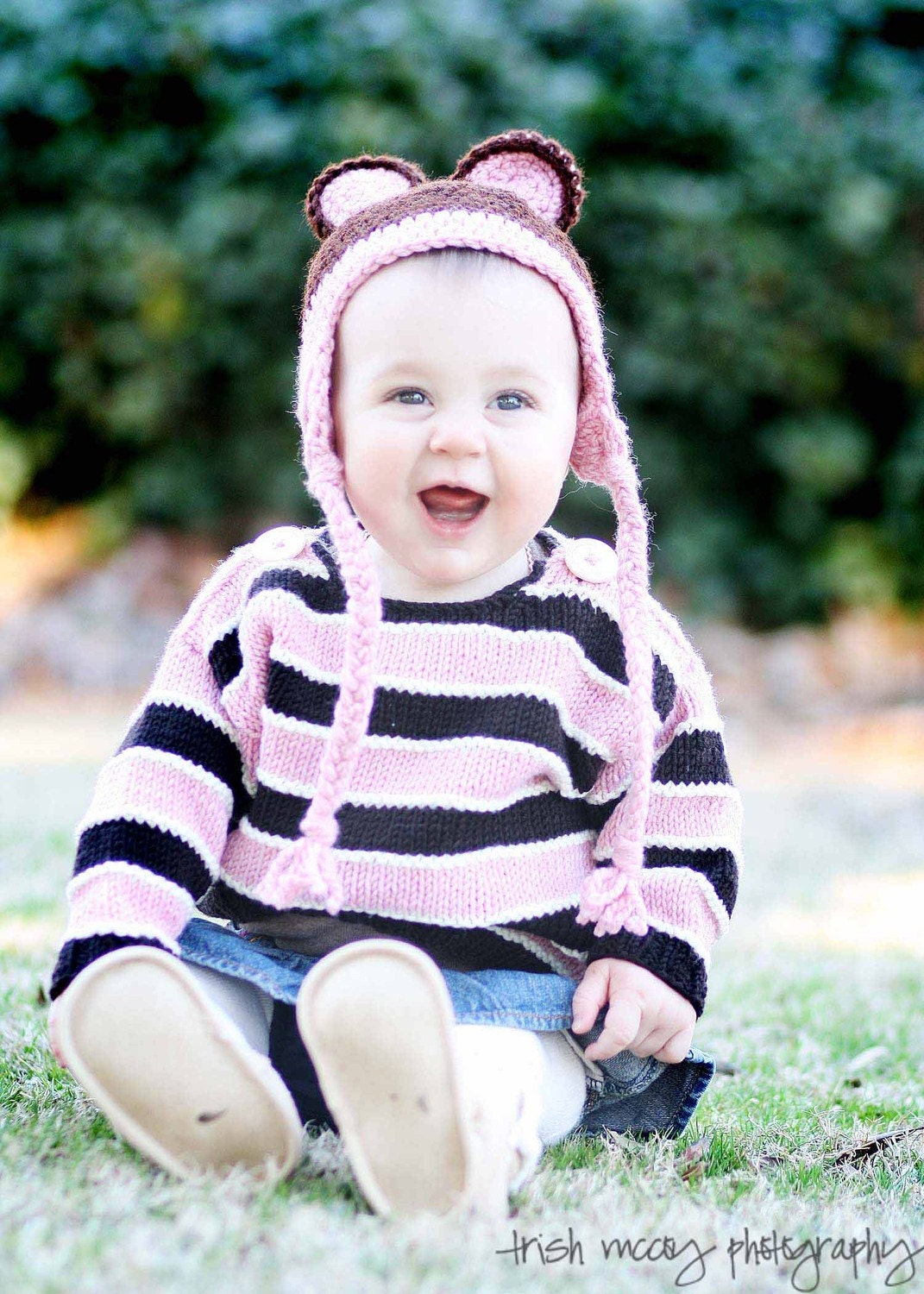 Baby Sweater, Girls, Hand Knit -- MADISON STREET -- Pink and Brown Striped -- Perfect for Spring Baby Showers -- Childrens Clothing