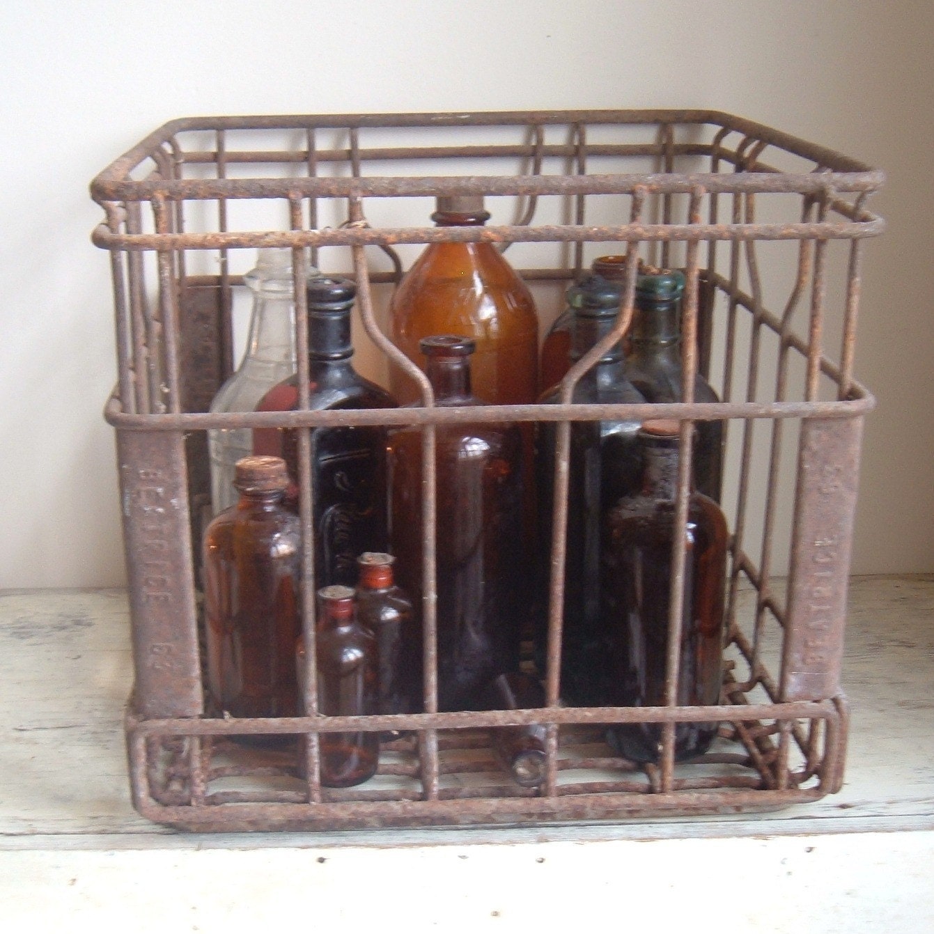 vintage primitive metal milk crate