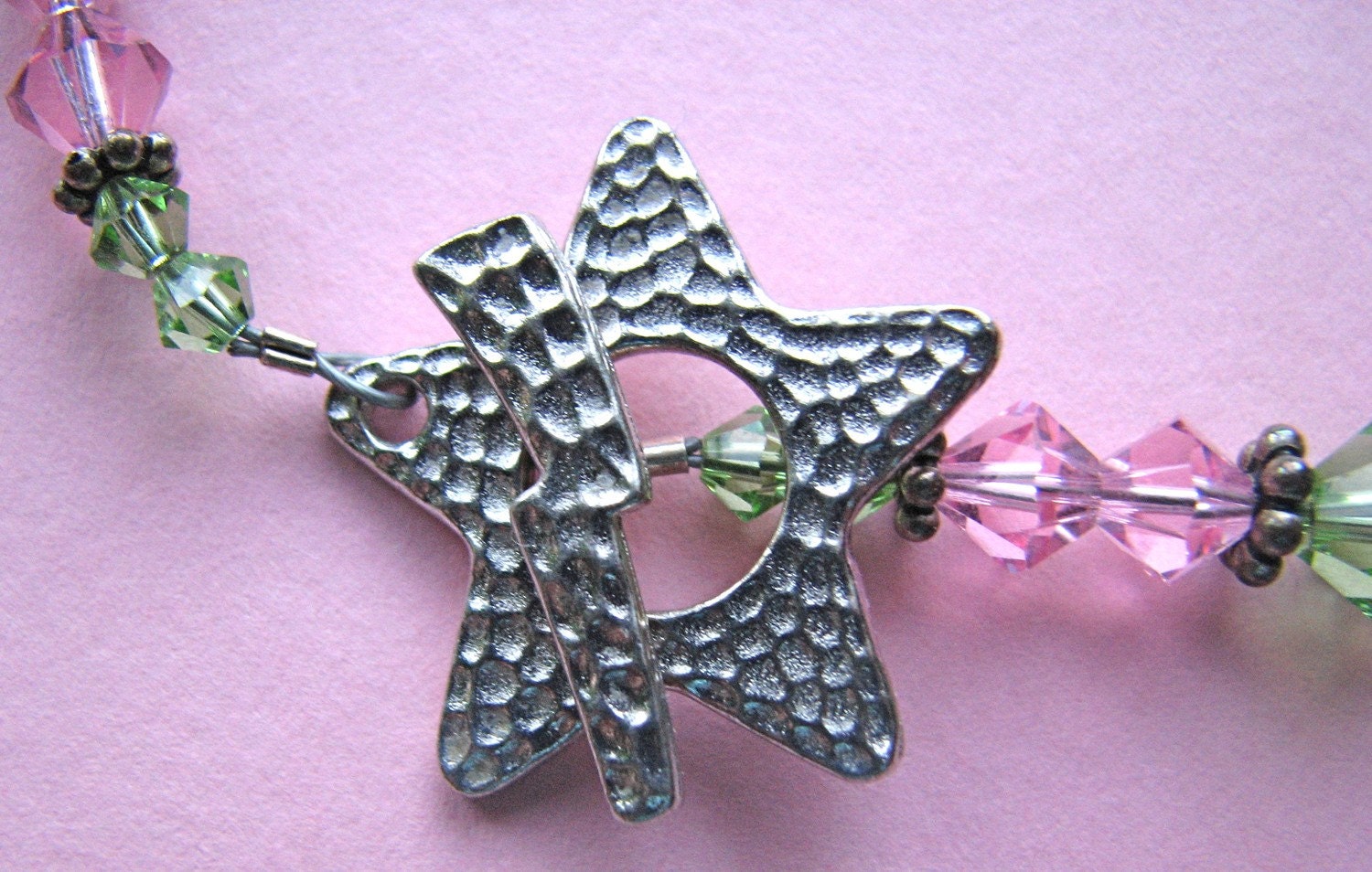 Pink and Green Kazuri and Swarovski Crystal Beaded Necklace - A great spring necklace for yourself or a gift