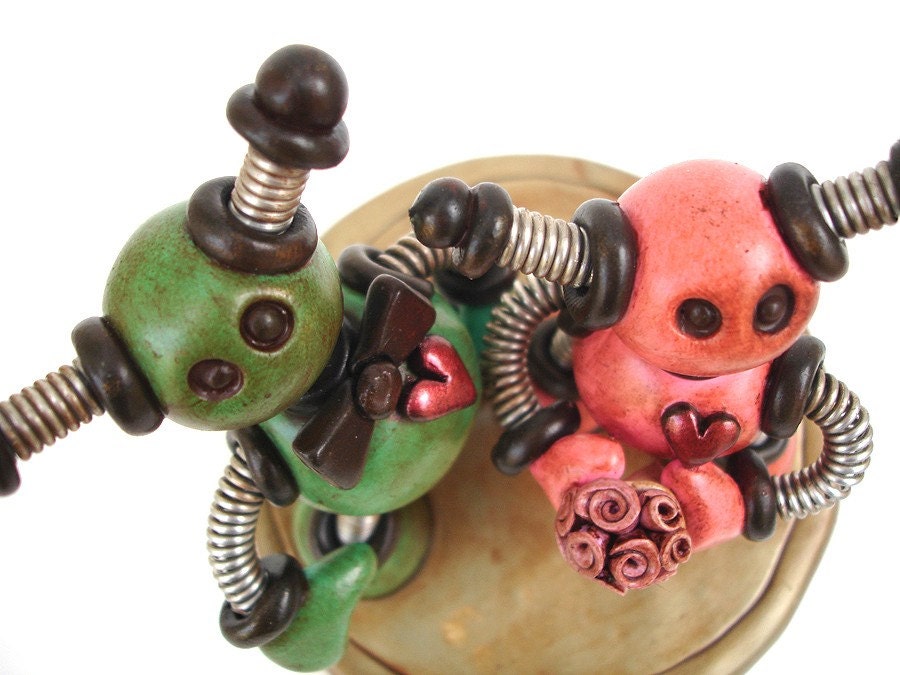 Robot Wedding Cake Topper  MADE TO ORDER Grungy Teal Pink - Customizable Robot Bride and Groom 4" -Clay, Paint, Wire
