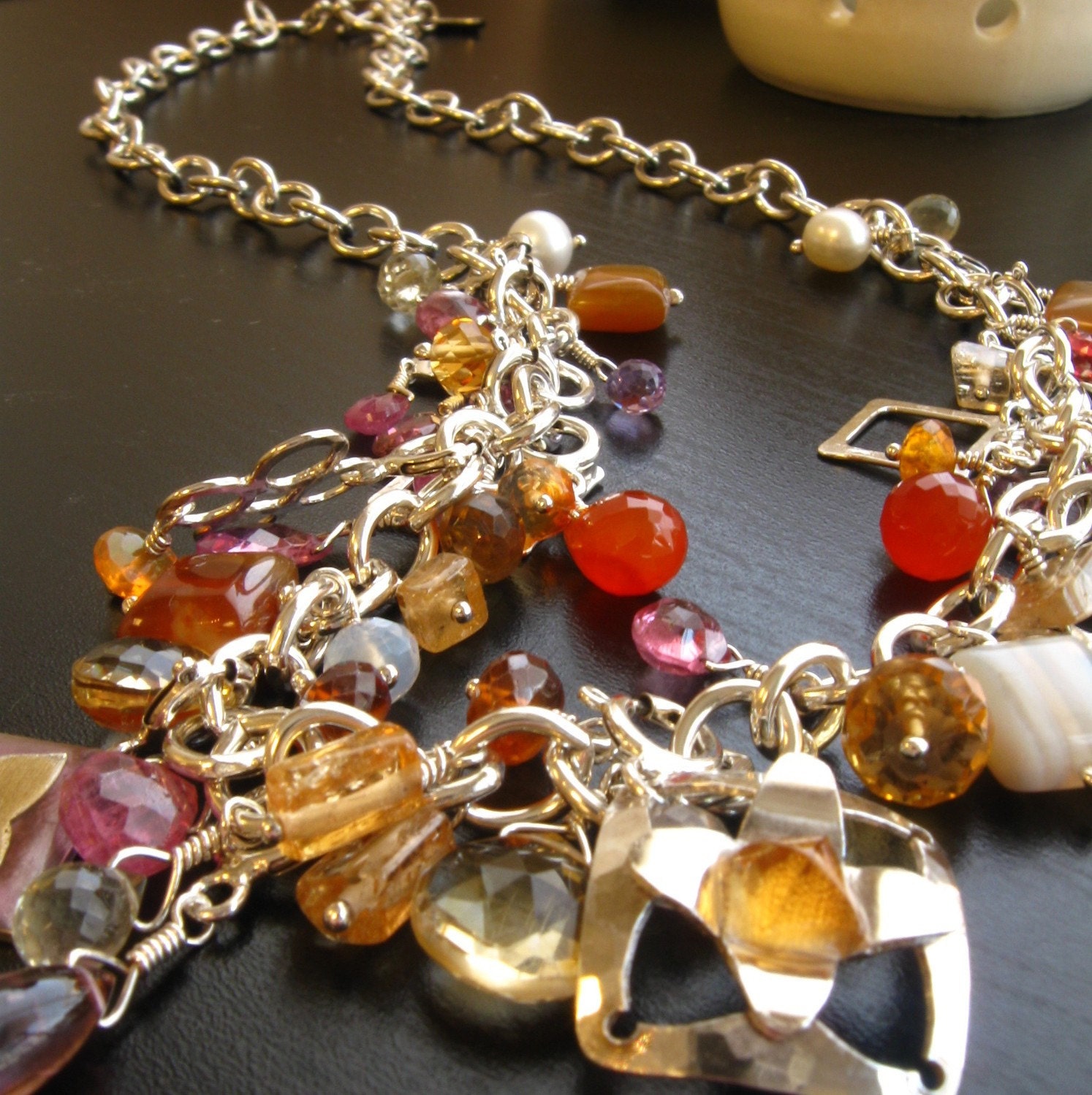 One of a kind Sterling Silver Tudor Charm Necklace with Natural Stones in Pinks and oranges
