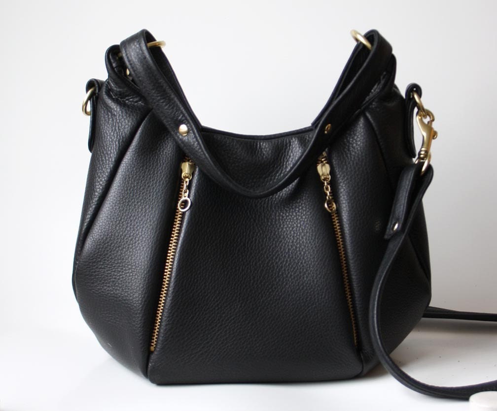 Black Leather bag purse - OPELLE  Ballet Bag - Soft Pebbled Leather w Zipper Pockets