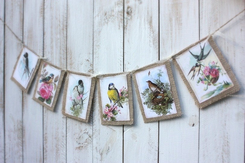 Vintage Bird Garland,burlap,shabby chic,cottage