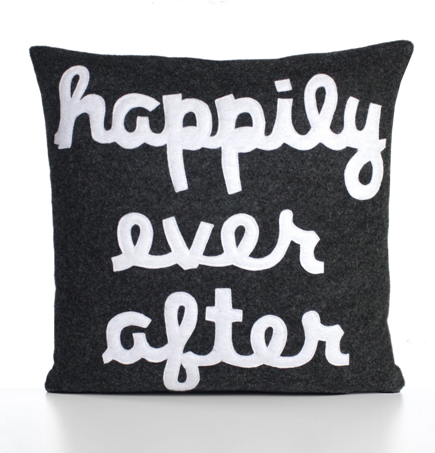 HAPPILY EVER AFTER - charcoal and white- 22 inch recycled felt applique pillow