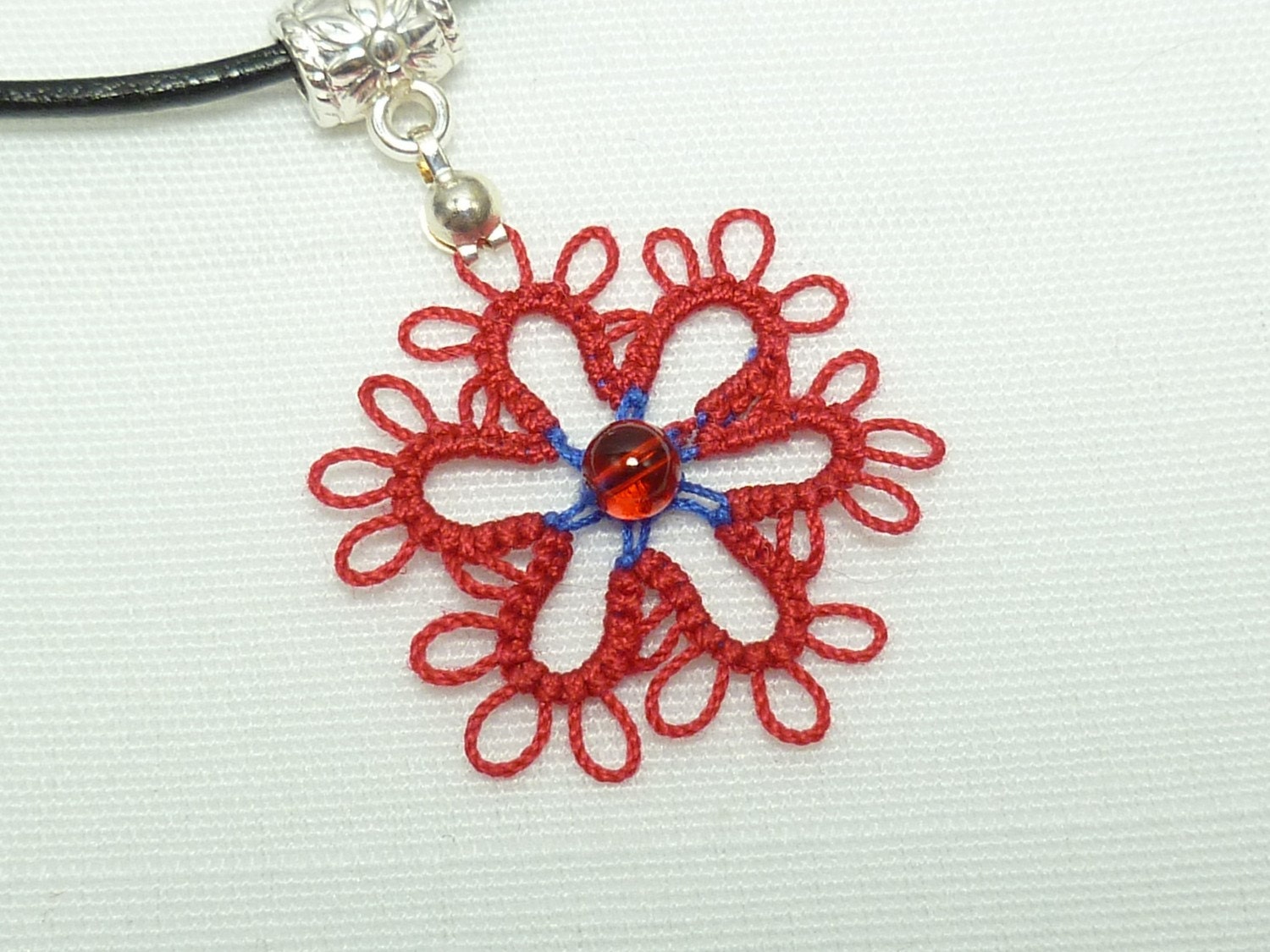 Tatted Lace Flower Pendant -Daisy with black leather