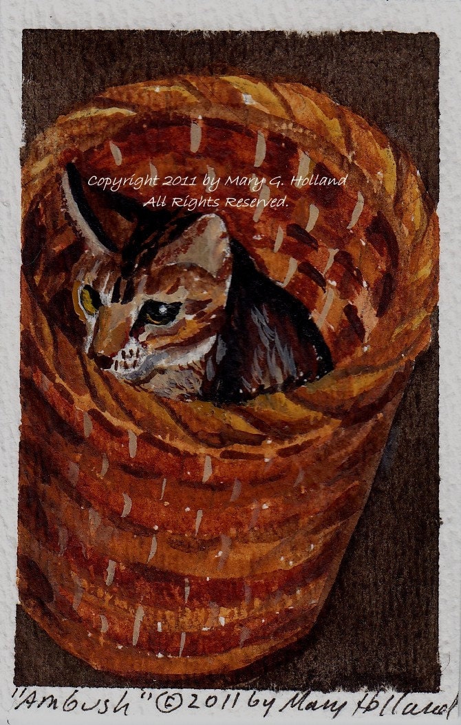 Ambush, by Mary Holland, ACEO Archival Giclee Print Watercolor Miniature Painting Fine Artwork Ruddy Abyssinian Cats Feline Cute Animals Pets Rust Tan Yellows Browns White Cream Collector Gift