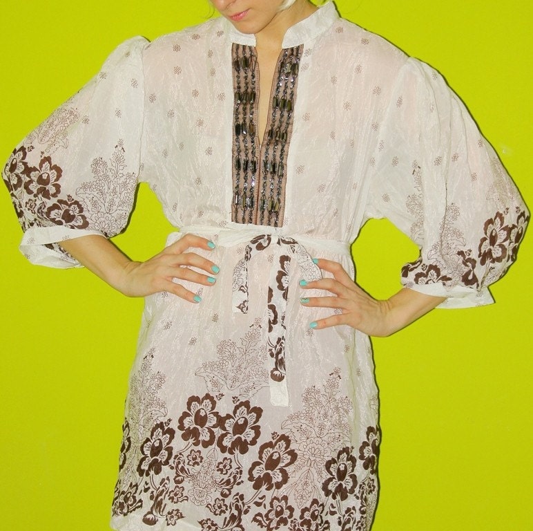 Vtg Shimmering Ivory Gauze Hippie Flowers Beaded Sequin JEWEL Clustered Mini Tunic Dress Xs S