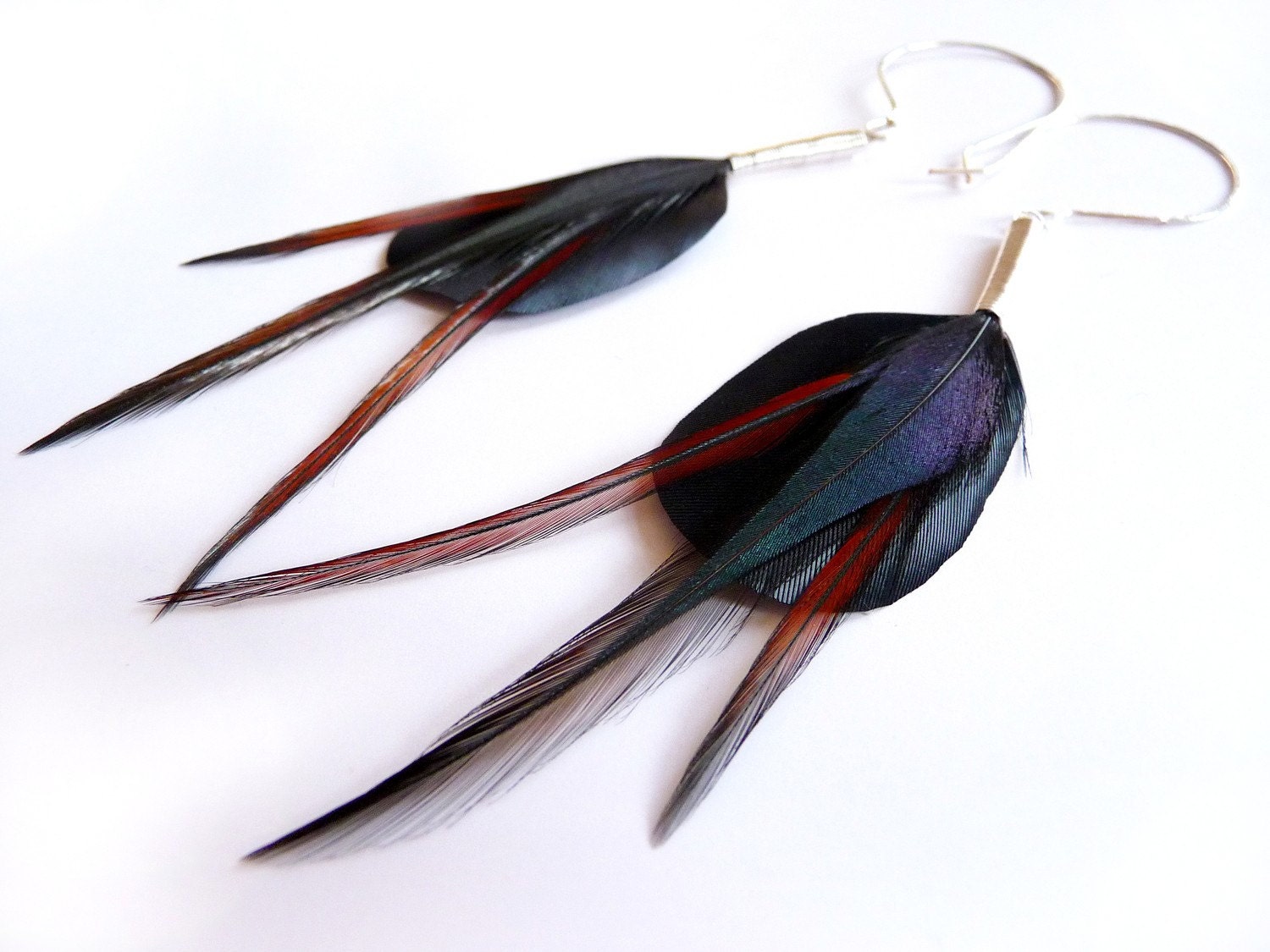 Sleek Feather Earrings in Iridescent Black and Dark Green with Flashes of Red